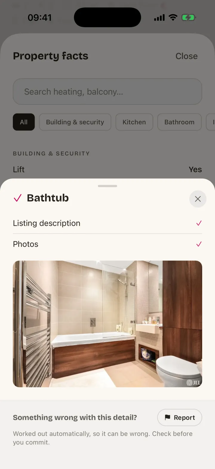 Keyping showing that a home has a bathtub, from the listing description and a photo of the bathroom