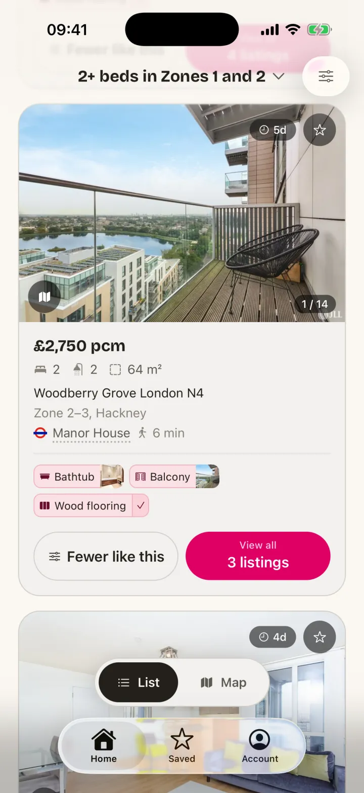 Keyping&rsquo;s list of matching homes, each with photos, price and area
