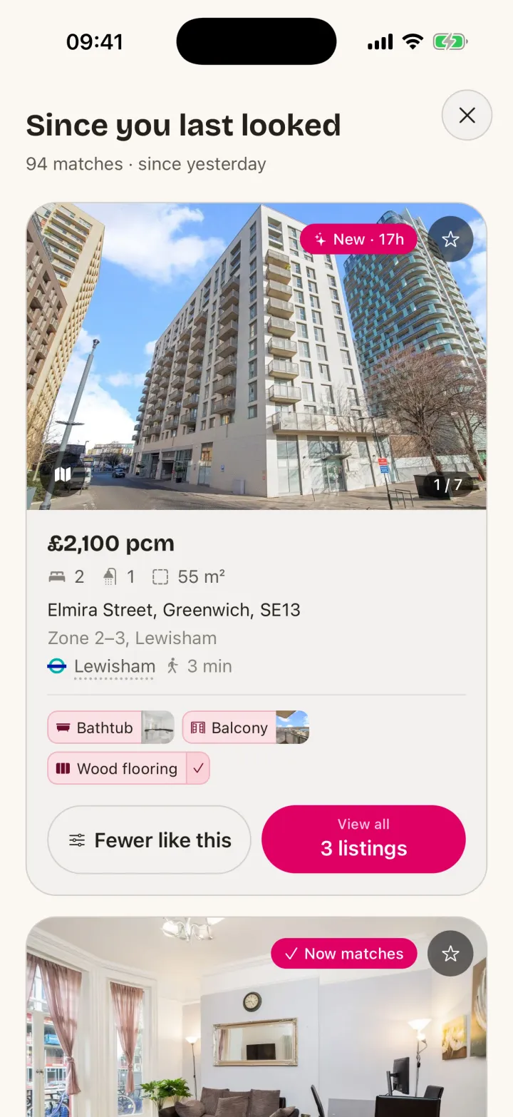 Keyping&rsquo;s list of homes that listed since you last looked, under a new match notification